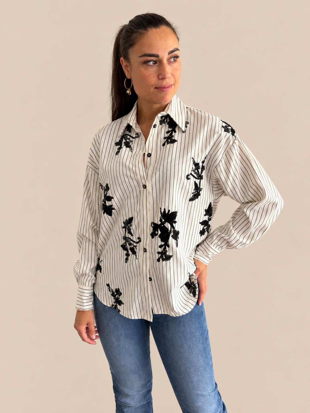 Camicia a righe con paillettes Haveone CGE-R041