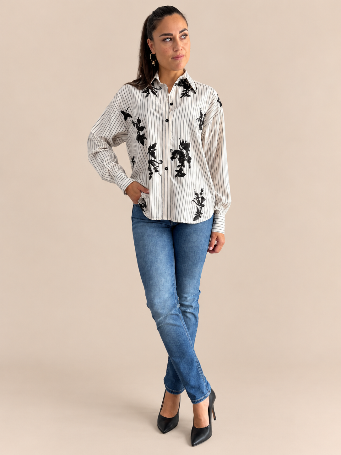 Camicia a righe con paillettes Haveone CGE-R041
